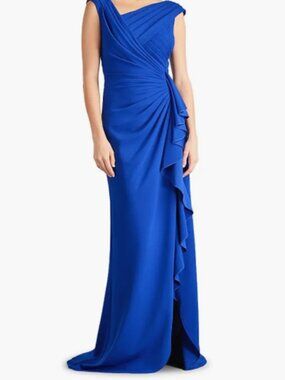 Tadashi Shoji Mystic Blue Maxi Asymmetric Side Ruffle Crepe Gown XS (Runs Large)